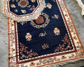 Navy Blue Wool Rug Set with Geometric and Floral Patterns