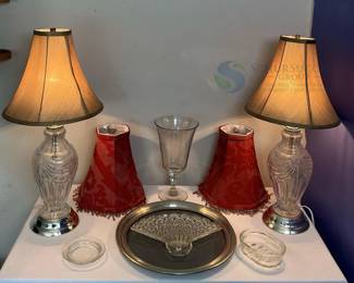 Clear Glass Table Lamps with Beige and Red Shades