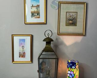 Decorative Set: Framed Paintings, Stained Glass Lamp, Brass Oil Lamp