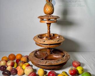 Wooden Tiered Fruit Stand, 3 Tiers, Carved Design, Faux Fruits Included