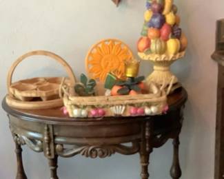 Traditional Dark Brown Wooden Side Table & Decorative Kitchen Wares