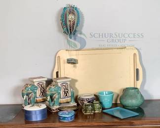 Turquoise Decorative Ceramics Set with Elephant Motif and Hot Air Balloon