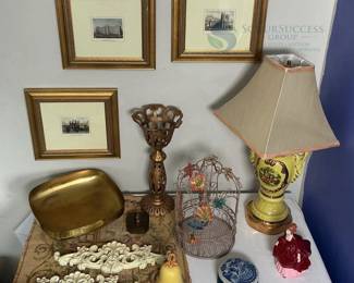 Vintage Decorative Set: Framed Prints, Figurines, and Lamp