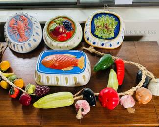 Ceramic Wall Plaques with Seafood & Vegetable Motifs, Decorative Fruit String