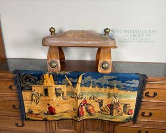 Vintage Footstool and Desert Scene Tapestry