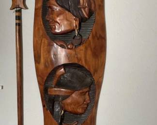 Wooden Tribal Art Wall Panel with Spear