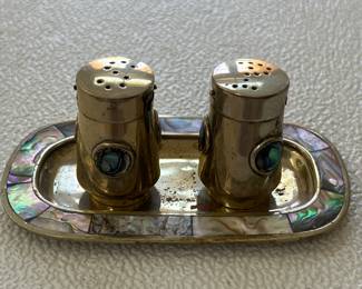 Tiny Vtg abalone and alpaca s & p with tray