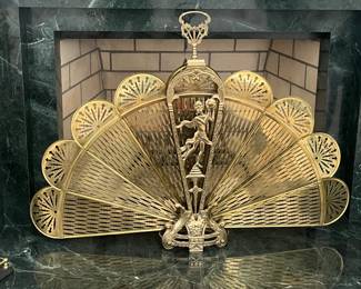 Vintage Brass Folding Peacock Fireplace Screen Cover