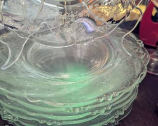 8 Antique Etched Glass Luncheon Plates
Delicate floral design with scalloped rims and subtle beading. These early 20th-century plates contain manganese, giving them a soft lavender glow under UV light—a hallmark of true antique glass.