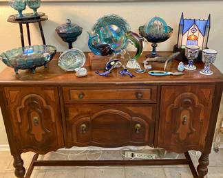 Jacobean Revival Sideboard, featuring blue carnival glass and Murano art glass pieces