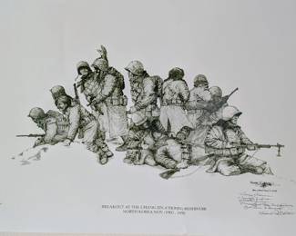 "Breakout at the Chosin Reservoir"
Limited Edition Print by Edward R. Beltran
Hand-signed and numbered (26/500)
Depicts U.S. Marines during the Korean War, Nov–Dec 1950
Artist was a Marine and combat sketch artist, nominated for the Medal of Honor

