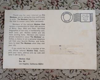 Vintage 1960s The Monkees Official Fan Club Postcard