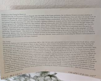 "Breakout at the Chosin Reservoir"
Limited Edition Print by Edward R. Beltran
Hand-signed and numbered (26/500)
Depicts U.S. Marines during the Korean War, Nov–Dec 1950
Artist was a Marine and combat sketch artist, nominated for the Medal of Honor
