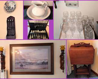 Spoon display, silver plated flatware in box, snack trays, wine glasses and more.
