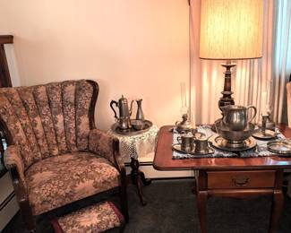 Vintage chair, tables, lamp and nice selection of pewter by W. Fletcher, Wallace and others.