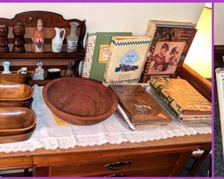 Vintage cookbooks, wooden platters and more.