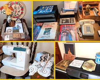 Sewing machine (used once or twice), travel souvenirs , vintage desk supplies and equipment, and more.
