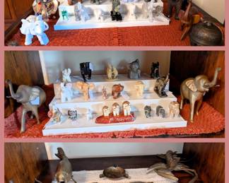Elephant and brass figurines.