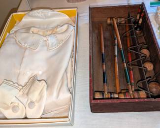 Vintage baptism outfit and indoor croquet set.