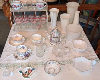 Milk glass, stemware, and more.