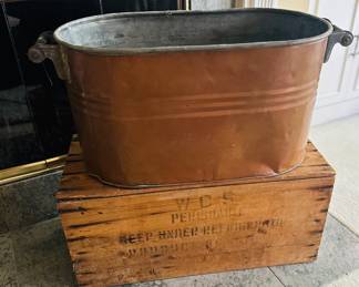 Several wood boxes, copper boiler