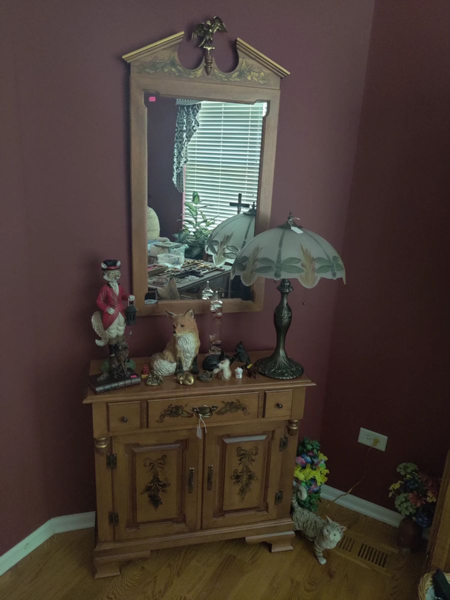 Vintage table, vintage mirror, painted lamp, fox collectables, collectables