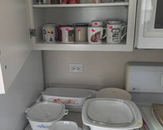 Corning ware, mugs, salt/pepper shakers, storage