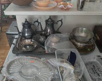 silver plate tea service, trays, dished