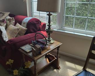 side table, lamp, coasters, floral