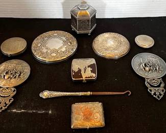 Sterling Silver Plate Mirrors, Button Hook, Compacts