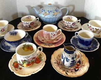 Rare Antique Cups, Saucers Teapot Flow Blue, Booths Fresian
