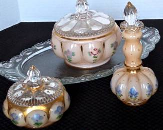 Antique Peach Colored Glass Vanity Set