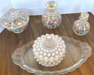 Hand Painted Glass Vanity Set Moonstone Powder Jar