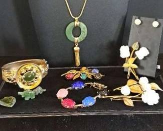 Vintage Gold Filled Carved Rose SemiPrecious Stone Jewlery