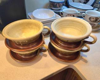 Stoneware soup bowls w/attached cracker plate