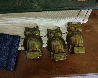  solid brass owl figurine, likely from the mid-century era, possibly manufactured by Mueller Brass Co.  $20 each
