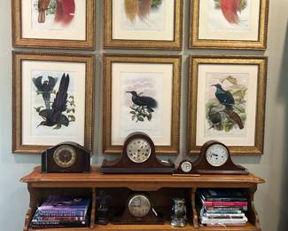 6 Stunning "Birds of Paradise" lithographs, mantle clocks, coffee table books and MCM TV stand