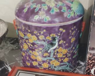 Vintage Chinese purple ground porcelain lidded jar - Rare