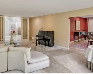 Livingroom Mid-Century Modern Sofa Sectional, Floor lamp, Casio Chippendale dining set in mahogany (@ leaves and 12 matching chairs) and sideboard - Round table, tray and painting not for sale