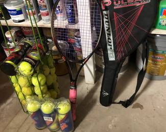 Dunlap tennis racquet, cover.  Balls, ball carrier