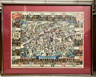 Framed vintage pictorial map of Cambridge, England, created by the illustrator and cartographer Kerry Lee
