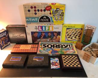 Vintage board games.  
Trivial Pursuit Genus III  Sorry! Pente
Battleship  Bottle Topps  Life  Checkers