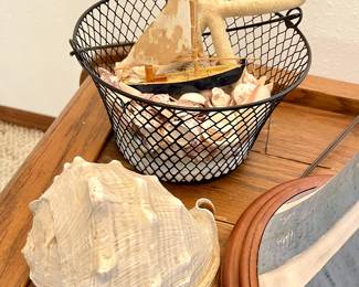 Vintage Conch shell & basket of misc shells, Starfish and shipwreck