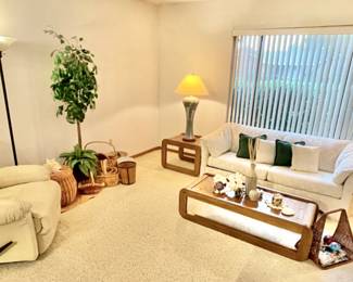 1980s Upholstered Sleeper Sofa in Off-White
Waterfall Oak Coffee & Side tables
Large Studio Ceramic lamps by Haar Blattman
Leather Recliner by Best