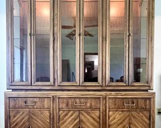 Vintage Stanley China Hutch in Fruitwood
Lighted, 2 pieces, 3 drawers, and 3 doors
