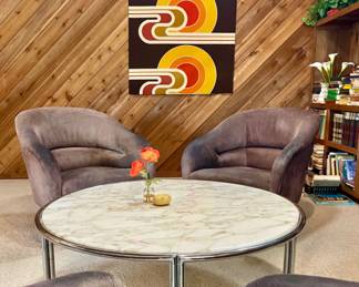 Wade Bennett & Verner Panton
Wade Bennett Suede Barrell chairs, Round Marble conversation table
Verner Panton
Vintage Fabric panel, stretched & framed