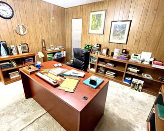Office Desk and Bookcases 
Vintage Black Rolling Office chair with Chrome legs