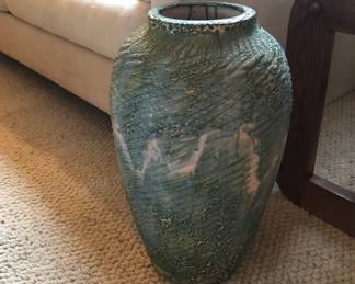 Large Studio Pottery urn, hand crafted with aqua, green and white textured drip glaze.  