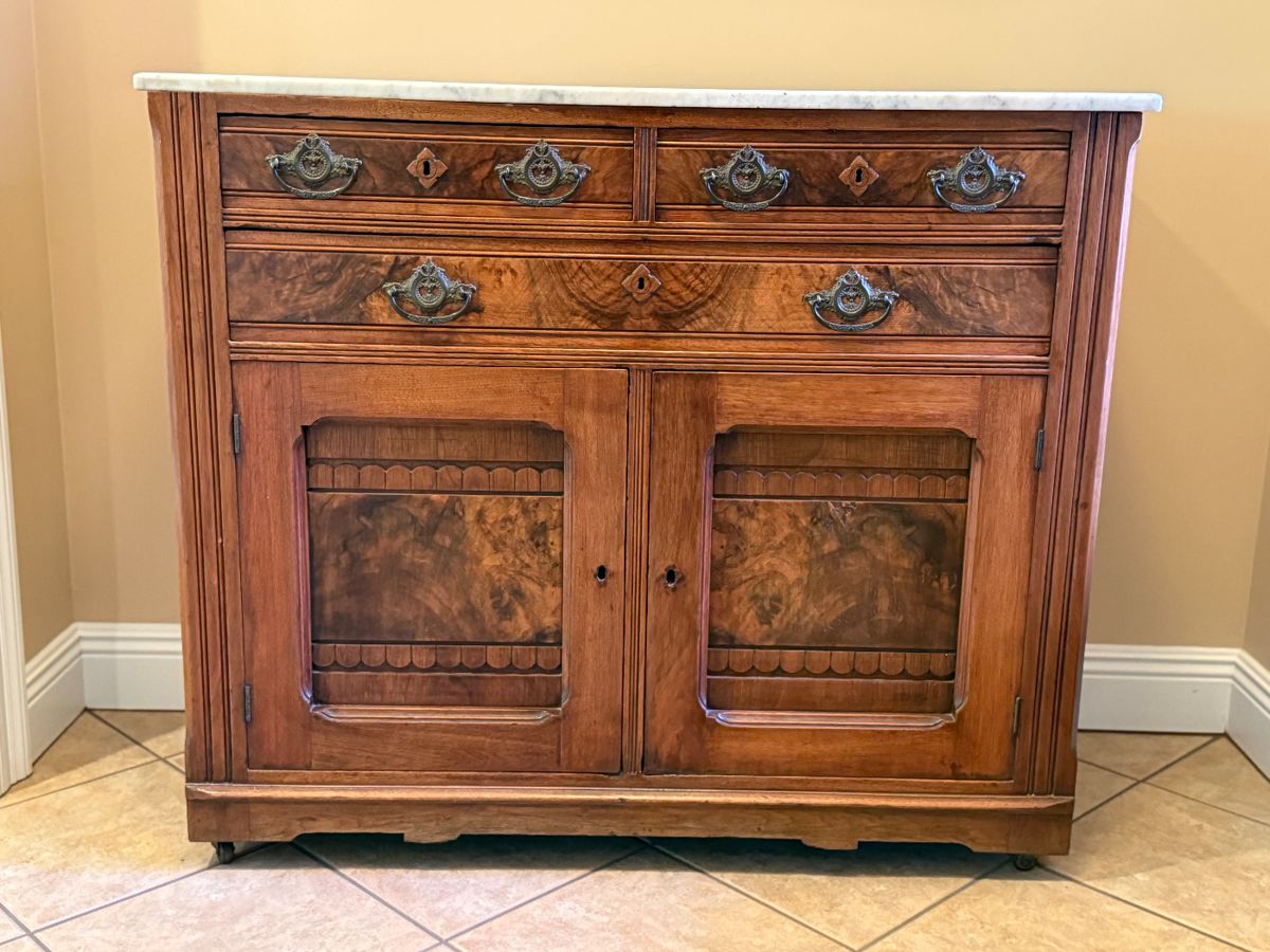 Asking Price: $675
Approx Measurements: 44"w x 18.75"d x 38"h
Item: Antique Marble Top Buffet