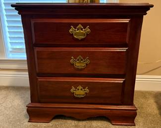 Asking Price: $65 (2 available) 
Approx Measurements: 25"w x 16"d x 25"h
Item: 3 Drawer Mahogany Bedside Table
